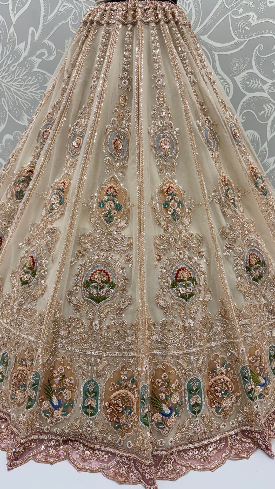 Beige Net Golden Beads ,Multi-color Thread, Sequin Handwork Semi-Stitched Lehenga Choli